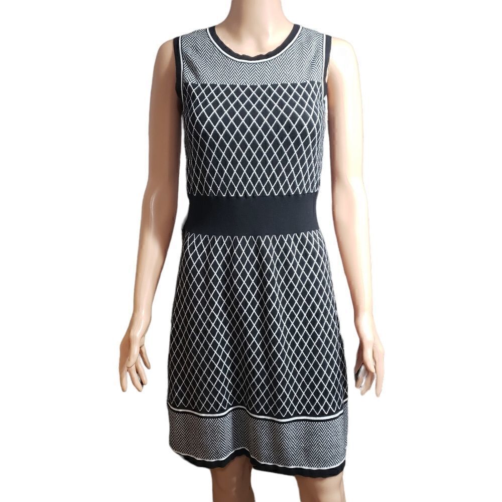 Jones New York Black & White Knit Sleeveless Fit & Flare Dress SMALL